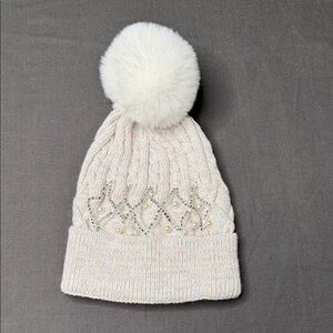White Knit Beanie with Pom Pom
